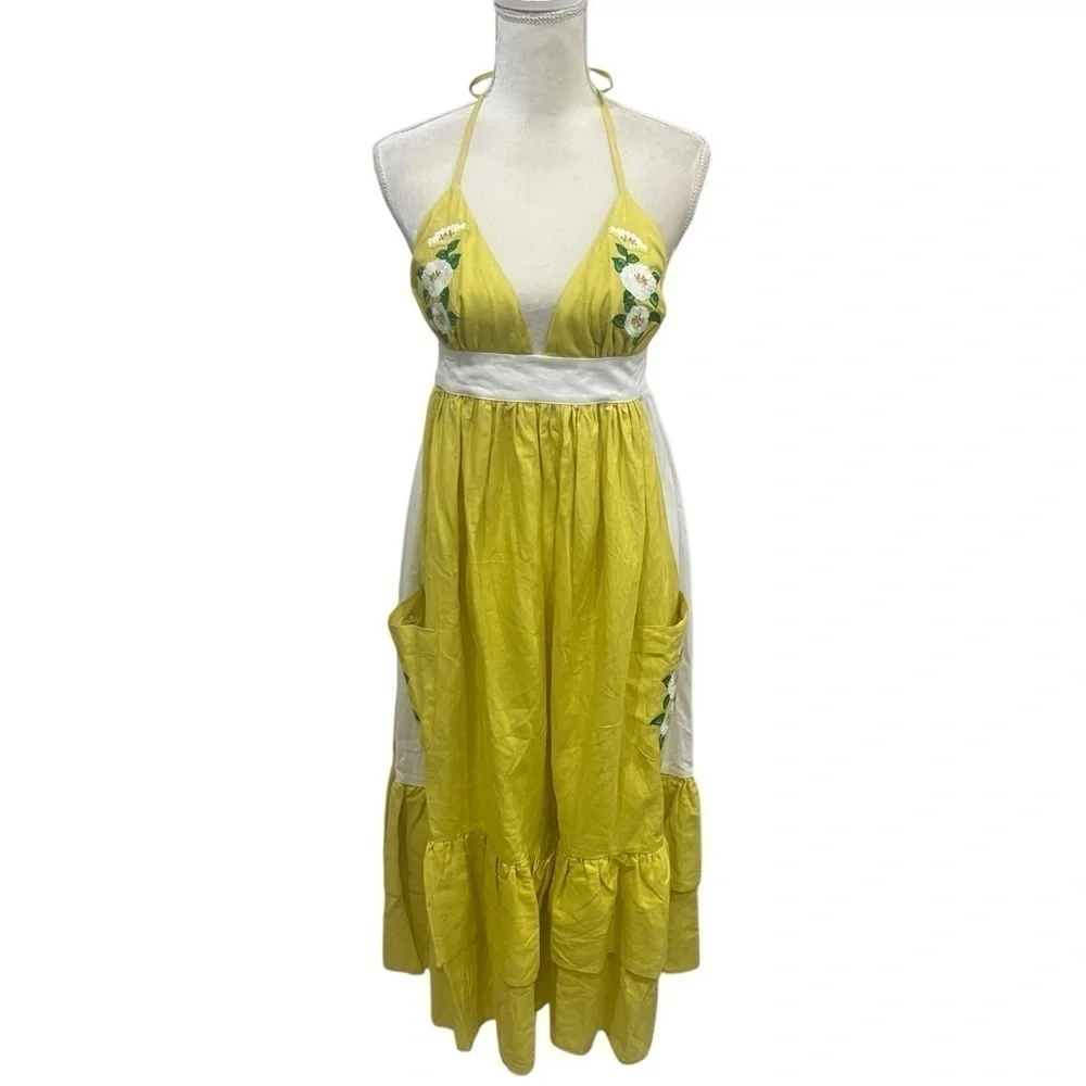Fanm Mon Yamile 100% Linen Floral Embroidered Halter Midi Dress Mustard Lime NWT